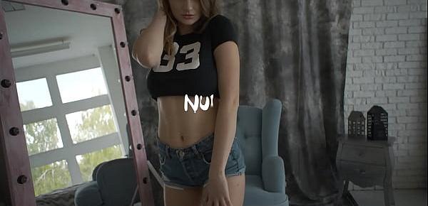  Sexy Blonde with short jeans and black t-shirt teasing
